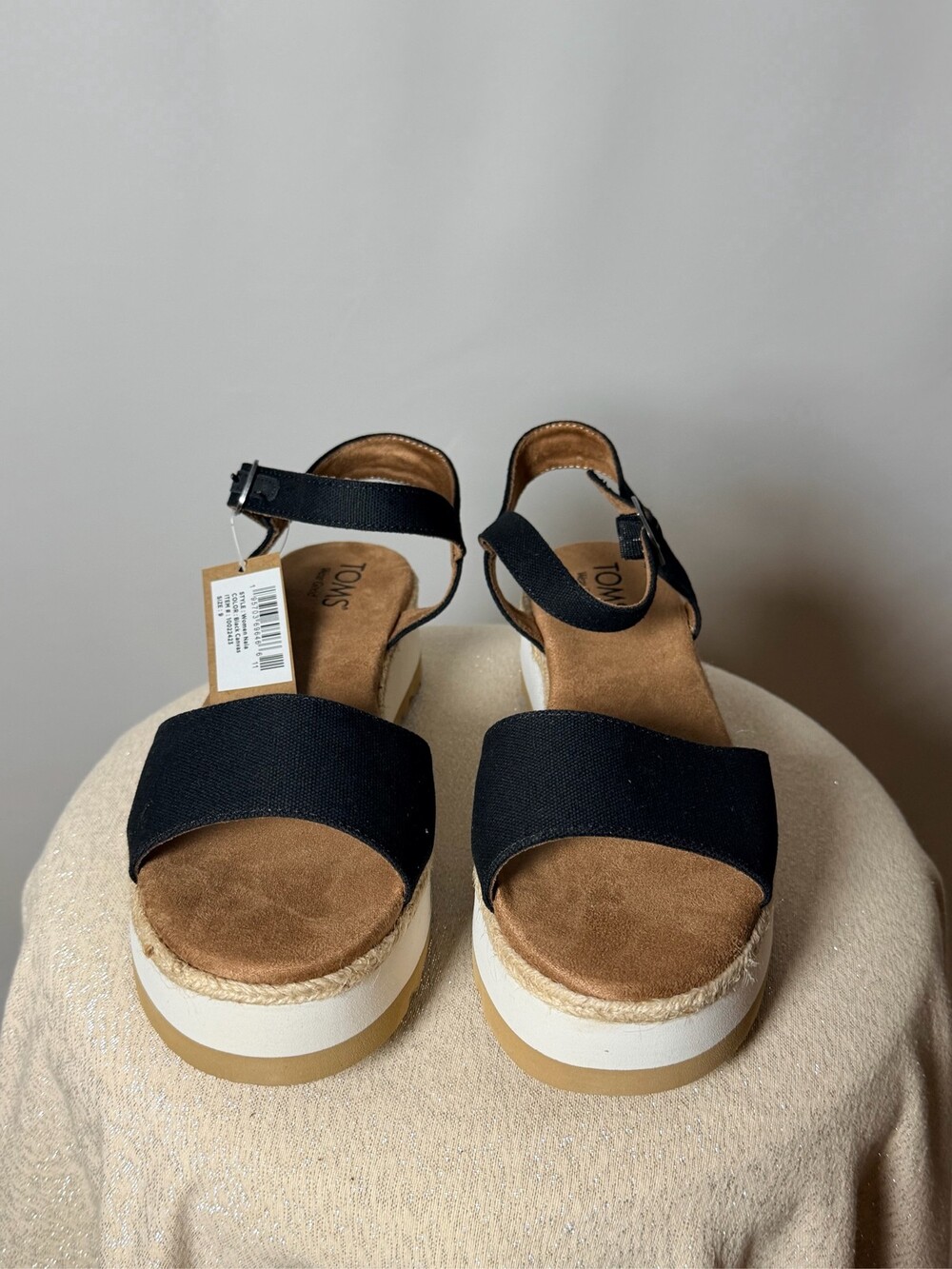 TOMS Women's Black Canvas Ankle Strap Platform Espadrille Sandals